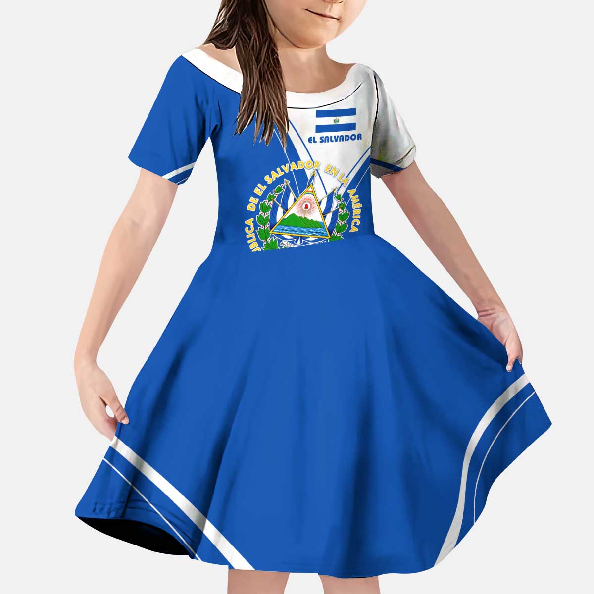 El Salvador National Flag Kid Short Sleeve Dress with Coat of Arms and Blue White Stripes Design - Wonder Print Shop