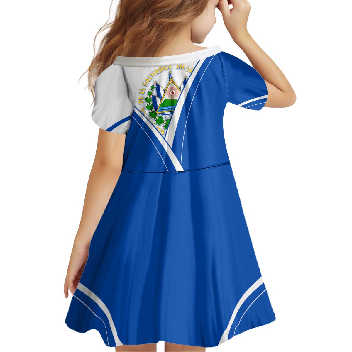 El Salvador National Flag Kid Short Sleeve Dress with Coat of Arms and Blue White Stripes Design - Wonder Print Shop