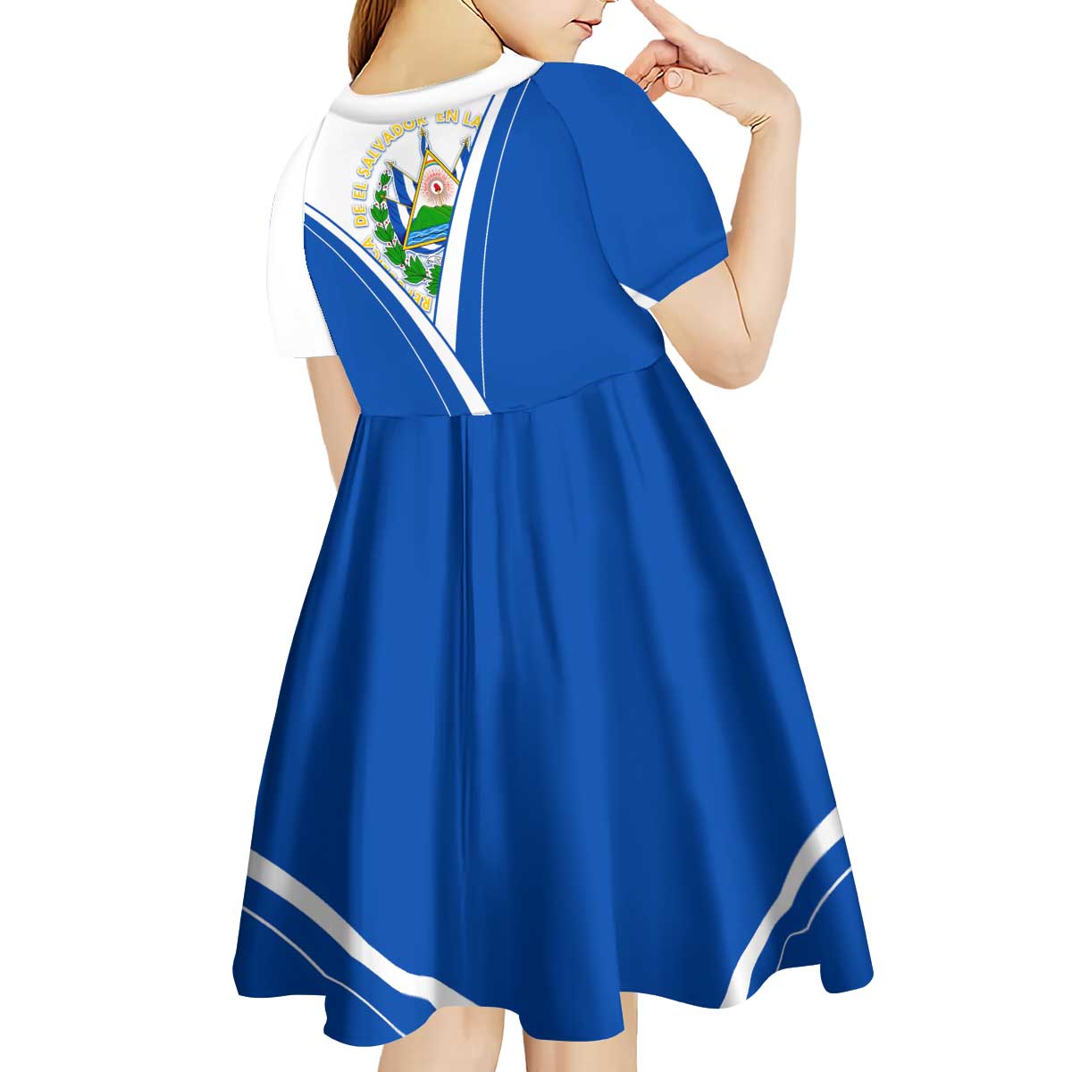 El Salvador National Flag Kid Short Sleeve Dress with Coat of Arms and Blue White Stripes Design - Wonder Print Shop