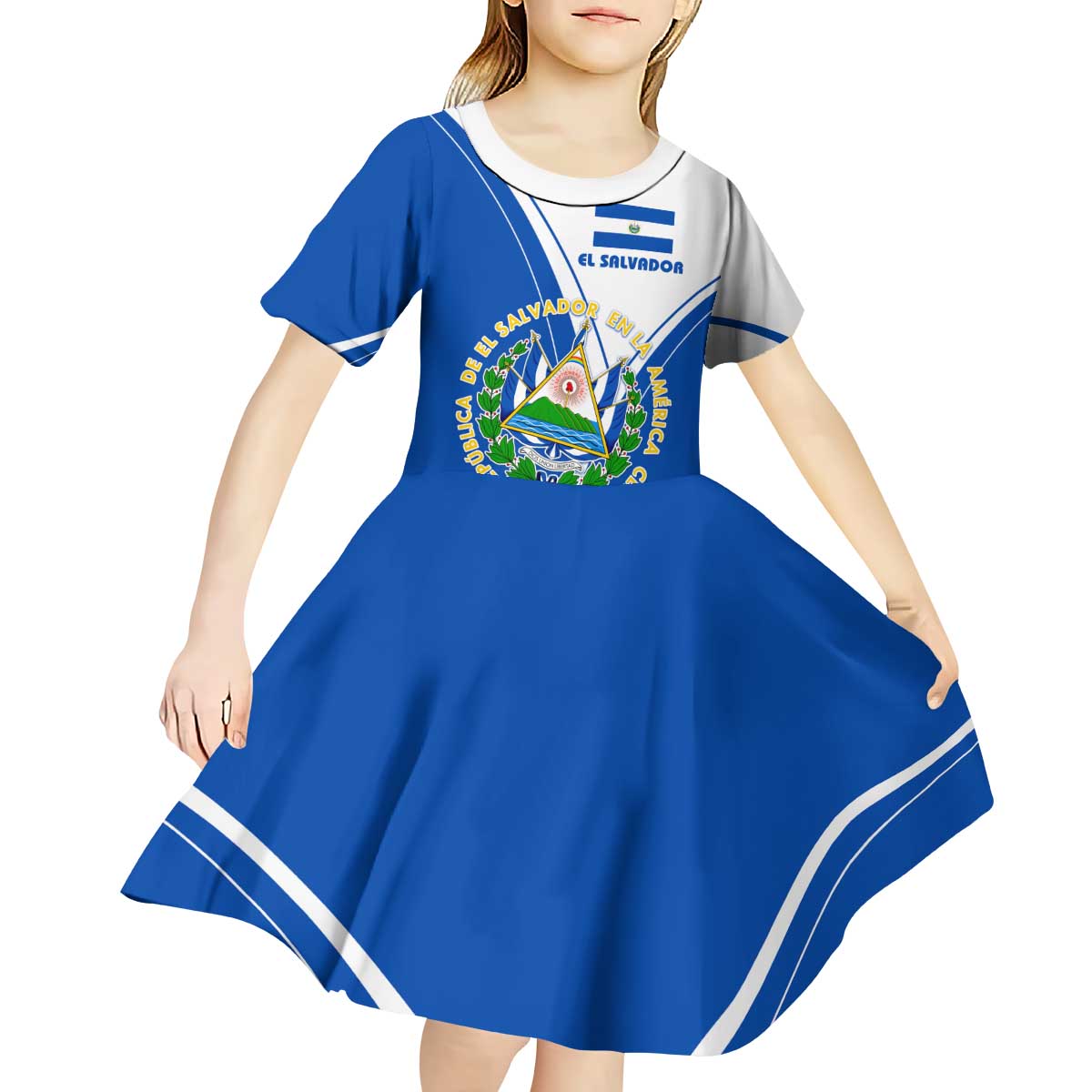 El Salvador National Flag Kid Short Sleeve Dress with Coat of Arms and Blue White Stripes Design - Wonder Print Shop