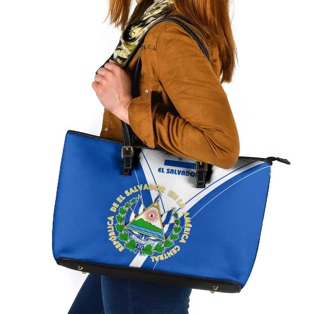 El Salvador National Flag Leather Tote Bag with Coat of Arms and Blue White Stripes Design - Wonder Print Shop