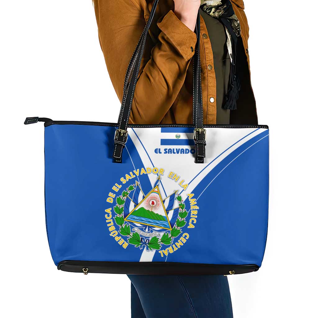 El Salvador National Flag Leather Tote Bag with Coat of Arms and Blue White Stripes Design - Wonder Print Shop
