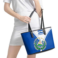 El Salvador National Flag Leather Tote Bag with Coat of Arms and Blue White Stripes Design - Wonder Print Shop