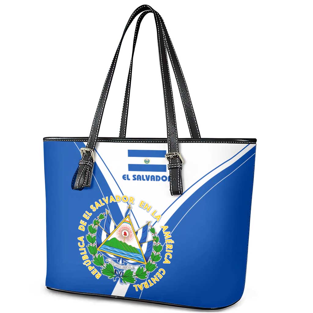 El Salvador National Flag Leather Tote Bag with Coat of Arms and Blue White Stripes Design - Wonder Print Shop