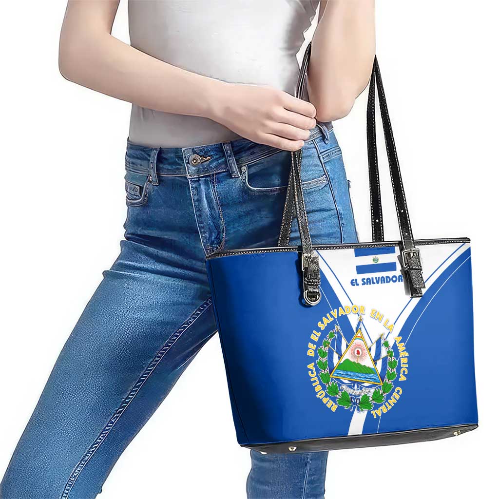 El Salvador National Flag Leather Tote Bag with Coat of Arms and Blue White Stripes Design - Wonder Print Shop