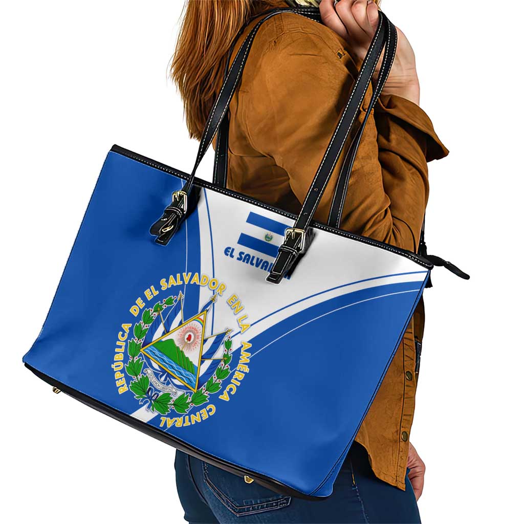El Salvador National Flag Leather Tote Bag with Coat of Arms and Blue White Stripes Design - Wonder Print Shop