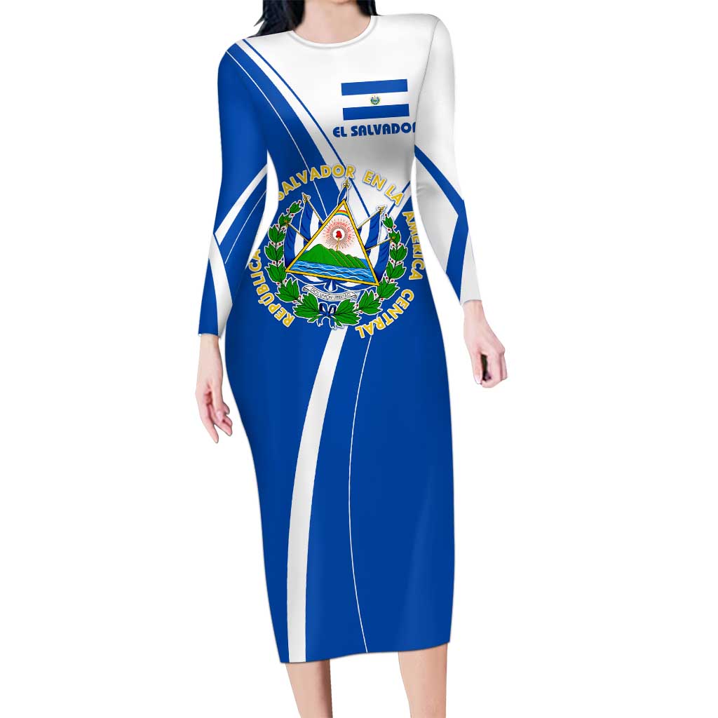 El Salvador National Flag Long Sleeve Bodycon Dress with Coat of Arms and Blue White Stripes Design - Wonder Print Shop