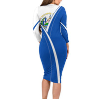 El Salvador National Flag Long Sleeve Bodycon Dress with Coat of Arms and Blue White Stripes Design - Wonder Print Shop