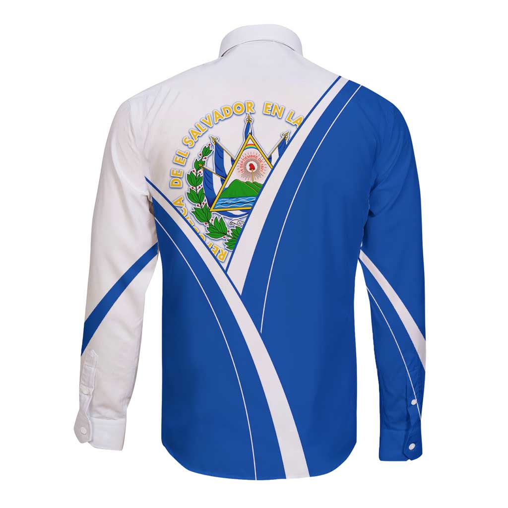 El Salvador National Flag Long Sleeve Button Shirt with Coat of Arms and Blue White Stripes Design - Wonder Print Shop