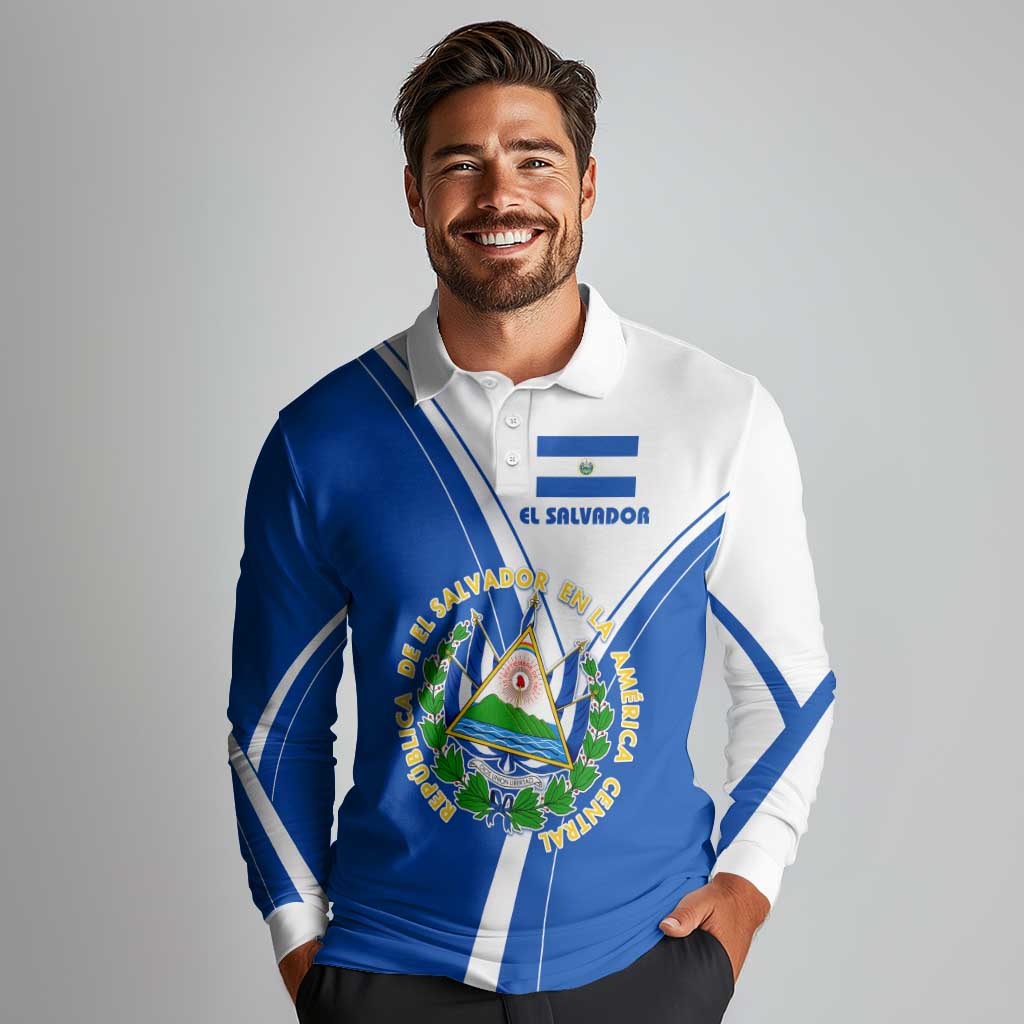 El Salvador National Flag Long Sleeve Polo Shirt with Coat of Arms and Blue White Stripes Design - Wonder Print Shop