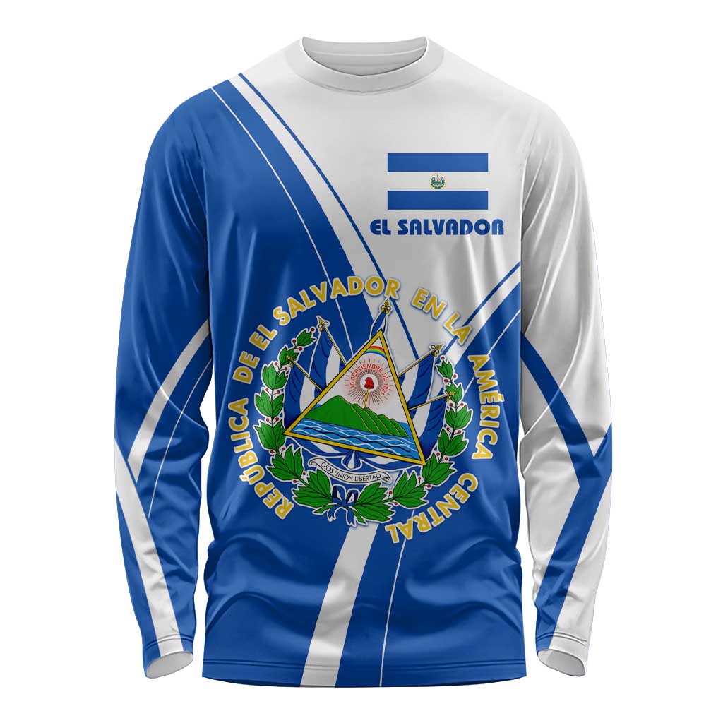 El Salvador National Flag Long Sleeve Shirt with Coat of Arms and Blue White Stripes Design - Wonder Print Shop