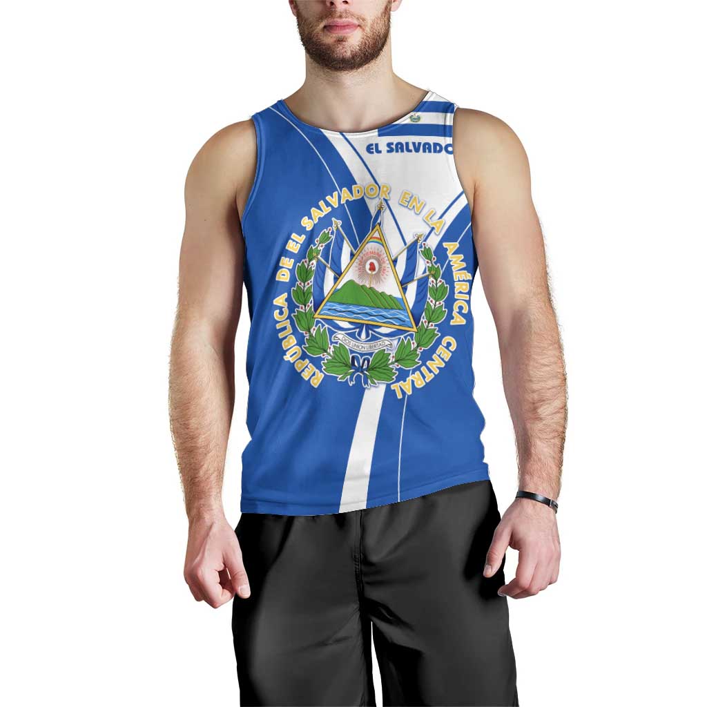 El Salvador National Flag Men Tank Top with Coat of Arms and Blue White Stripes Design - Wonder Print Shop