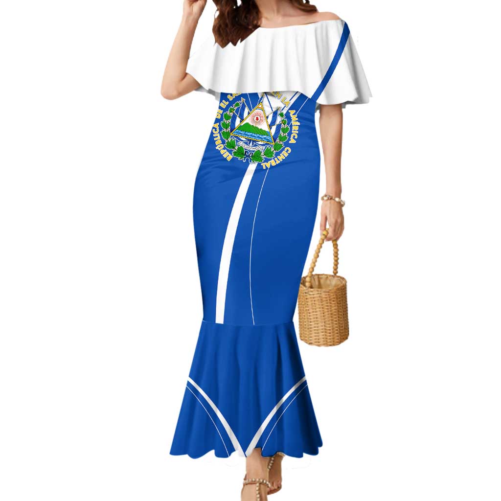 El Salvador National Flag Mermaid Dress with Coat of Arms and Blue White Stripes Design - Wonder Print Shop