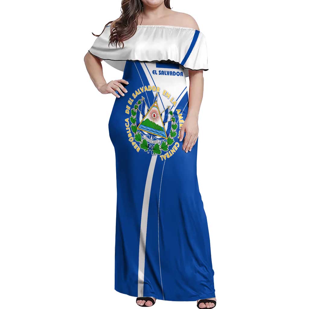 El Salvador National Flag Off Shoulder Maxi Dress with Coat of Arms and Blue White Stripes Design - Wonder Print Shop