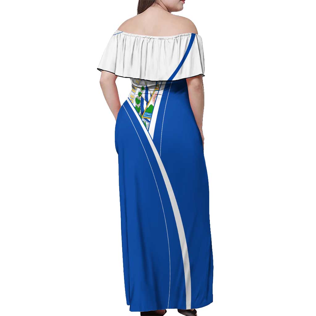 El Salvador National Flag Off Shoulder Maxi Dress with Coat of Arms and Blue White Stripes Design - Wonder Print Shop