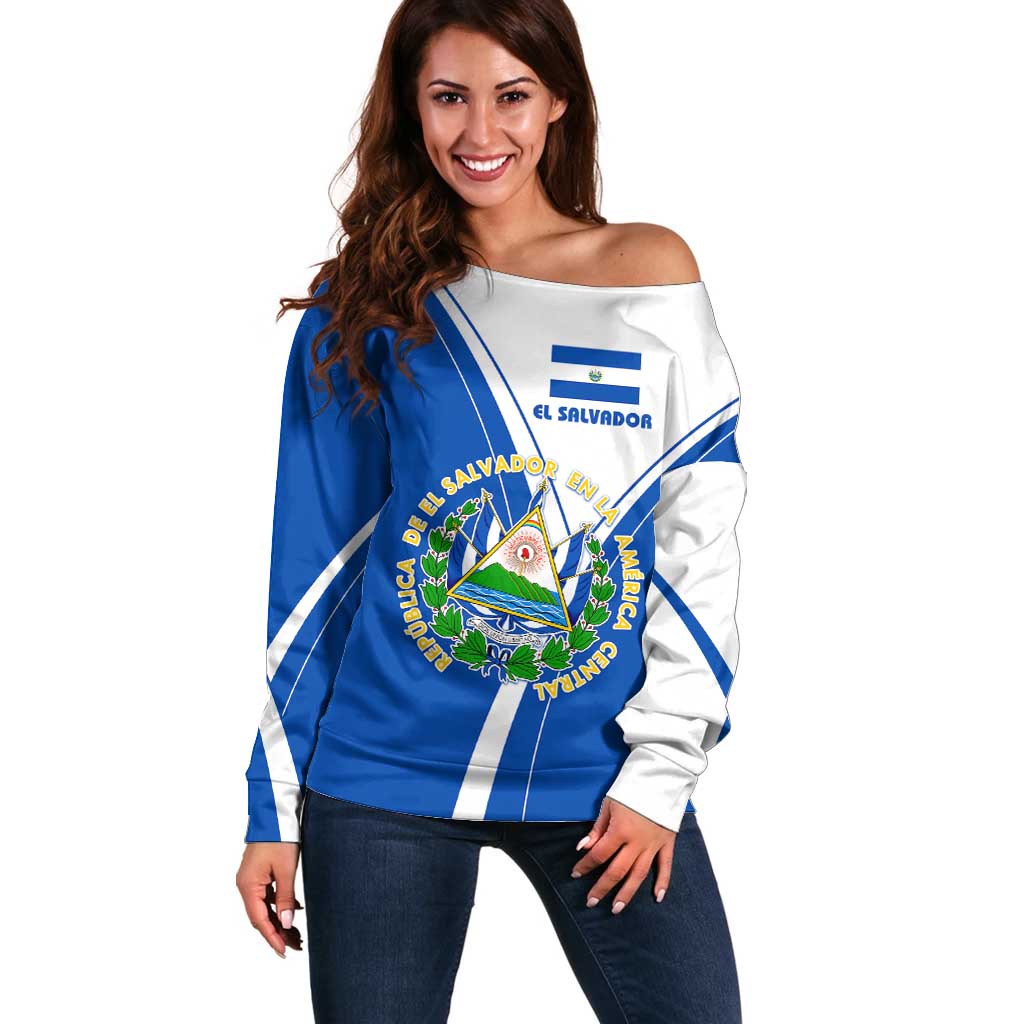 El Salvador National Flag Off Shoulder Sweater with Coat of Arms and Blue White Stripes Design - Wonder Print Shop