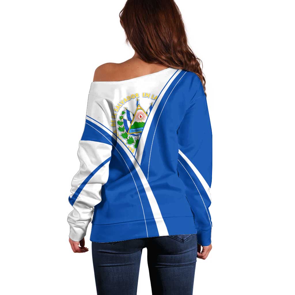El Salvador National Flag Off Shoulder Sweater with Coat of Arms and Blue White Stripes Design - Wonder Print Shop