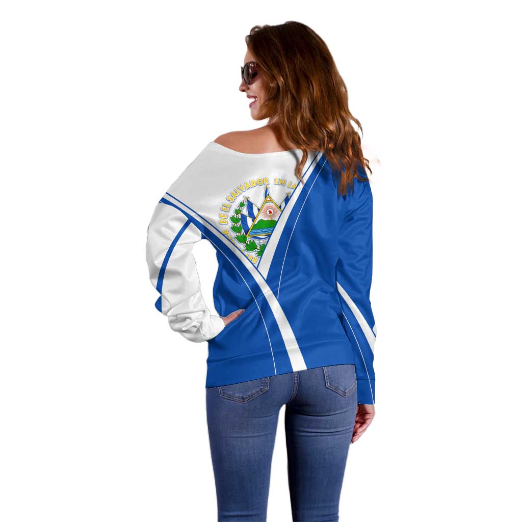 El Salvador National Flag Off Shoulder Sweater with Coat of Arms and Blue White Stripes Design - Wonder Print Shop