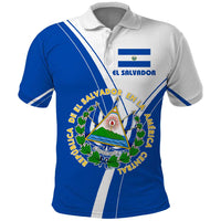 El Salvador National Flag Polo Shirt with Coat of Arms and Blue White Stripes Design - Wonder Print Shop