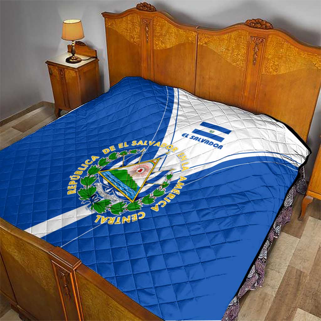 El Salvador National Flag Quilt with Coat of Arms and Blue White Stripes Design - Wonder Print Shop