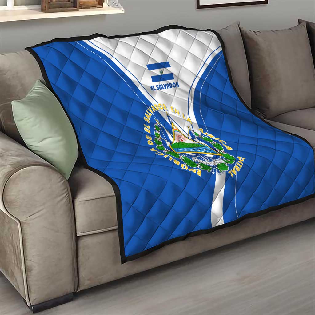 El Salvador National Flag Quilt with Coat of Arms and Blue White Stripes Design - Wonder Print Shop