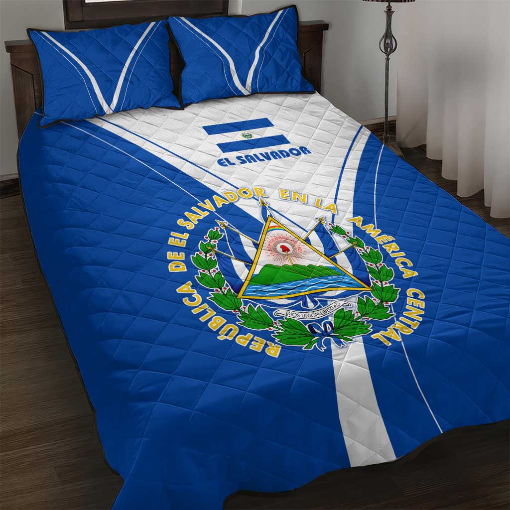 El Salvador National Flag Quilt Bed Set with Coat of Arms and Blue White Stripes Design - Wonder Print Shop