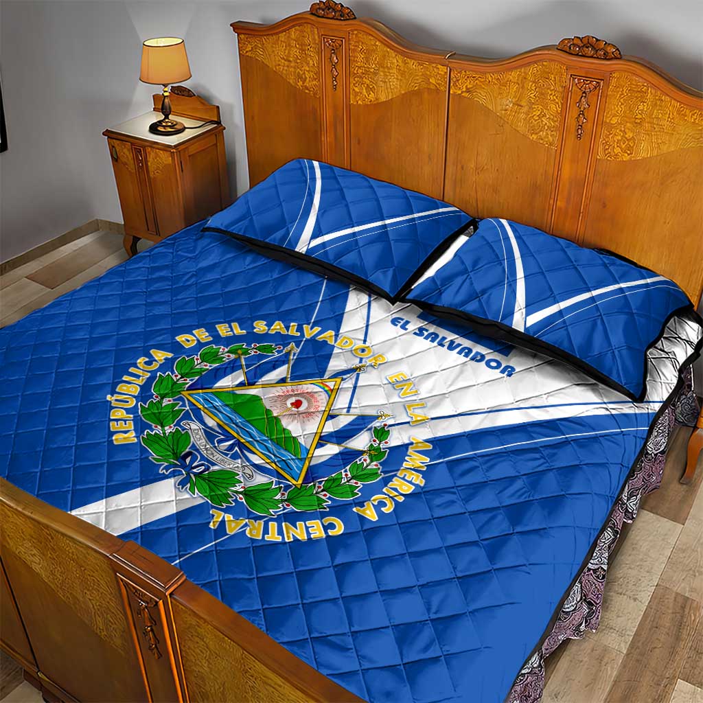 El Salvador National Flag Quilt Bed Set with Coat of Arms and Blue White Stripes Design - Wonder Print Shop