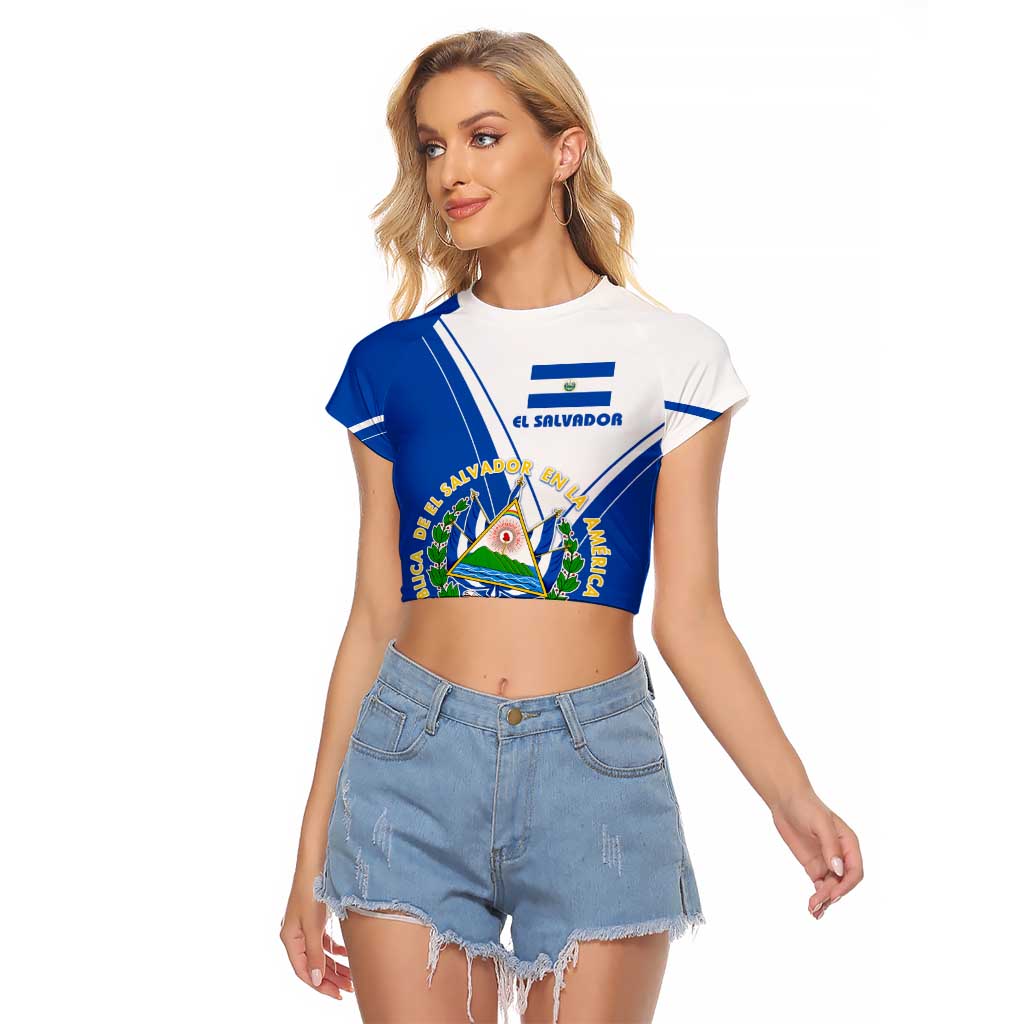 El Salvador National Flag Raglan Cropped T Shirt with Coat of Arms and Blue White Stripes Design - Wonder Print Shop