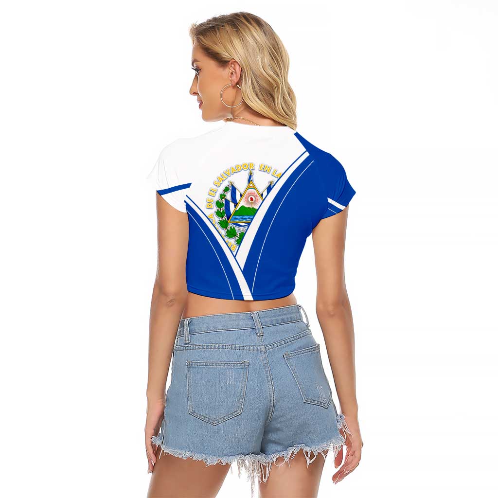 El Salvador National Flag Raglan Cropped T Shirt with Coat of Arms and Blue White Stripes Design - Wonder Print Shop