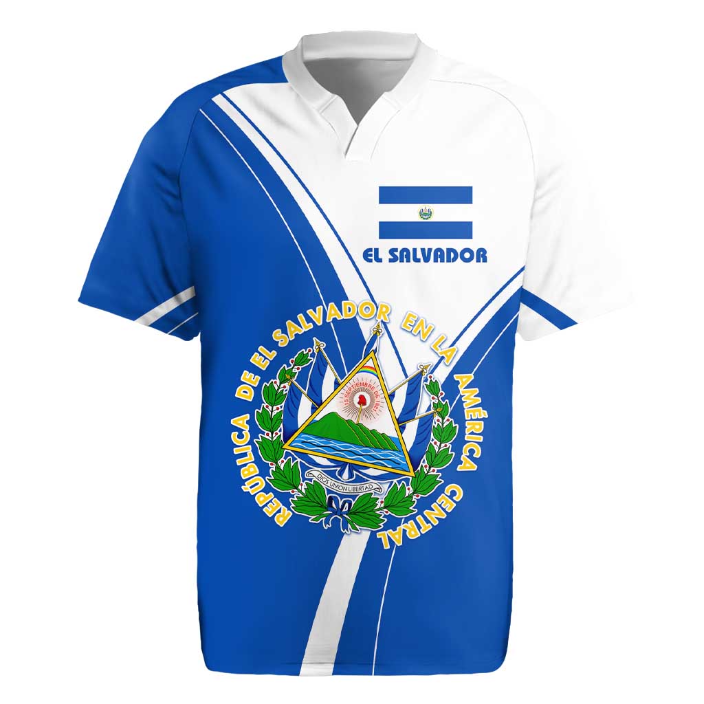 El Salvador National Flag Rugby Jersey with Coat of Arms and Blue White Stripes Design - Wonder Print Shop