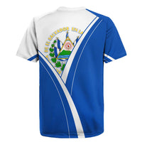 El Salvador National Flag Rugby Jersey with Coat of Arms and Blue White Stripes Design - Wonder Print Shop