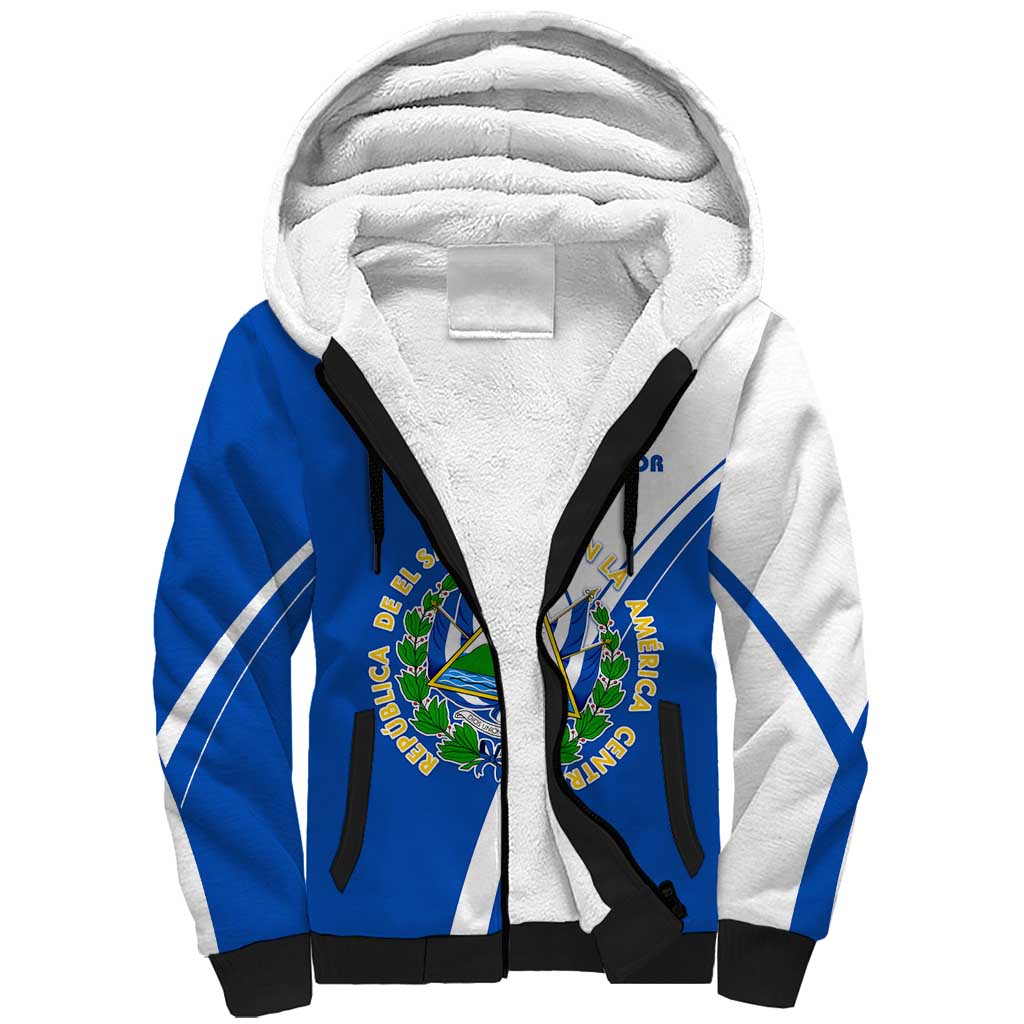 El Salvador National Flag Sherpa Hoodie with Coat of Arms and Blue White Stripes Design - Wonder Print Shop
