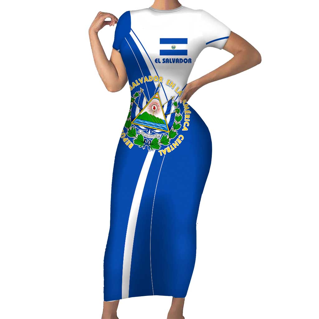 El Salvador National Flag Short Sleeve Bodycon Dress with Coat of Arms and Blue White Stripes Design - Wonder Print Shop