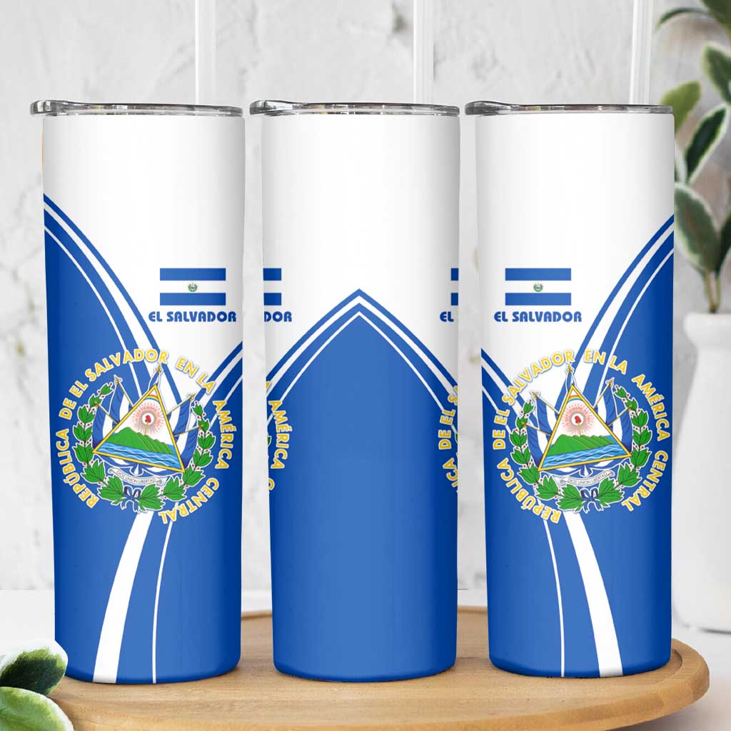 El Salvador National Flag Skinny Tumbler with Coat of Arms and Blue White Stripes Design - Wonder Print Shop