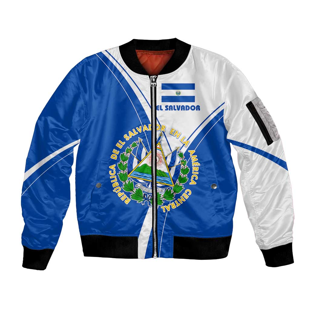 El Salvador National Flag Sleeve Zip Bomber Jacket with Coat of Arms and Blue White Stripes Design - Wonder Print Shop