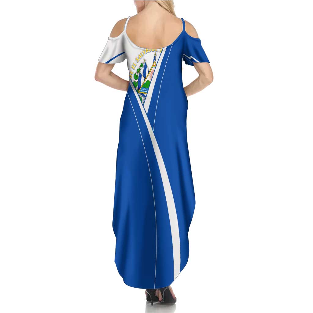 El Salvador National Flag Summer Maxi Dress with Coat of Arms and Blue White Stripes Design - Wonder Print Shop