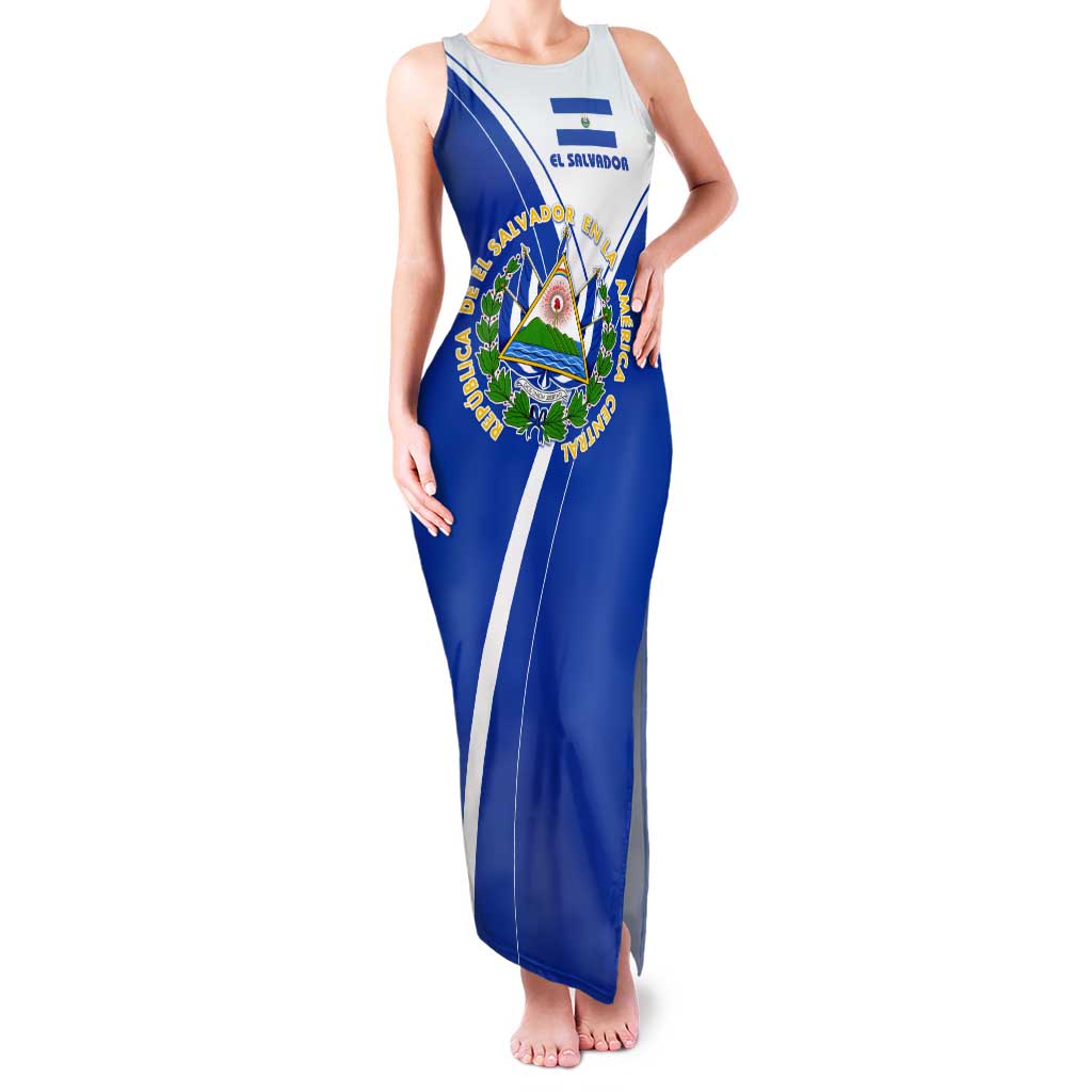 El Salvador National Flag Tank Maxi Dress with Coat of Arms and Blue White Stripes Design - Wonder Print Shop
