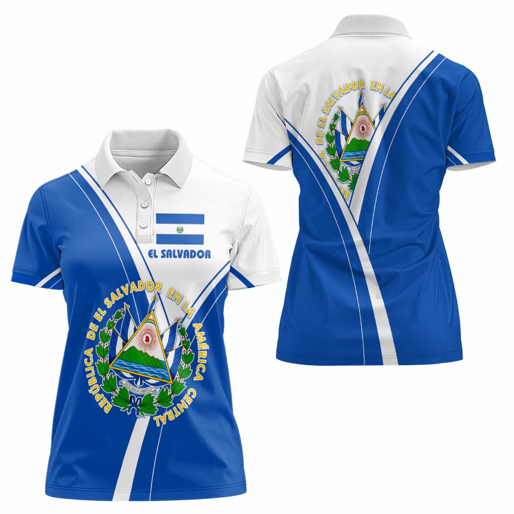 El Salvador National Flag Women Polo Shirt with Coat of Arms and Blue White Stripes Design - Wonder Print Shop