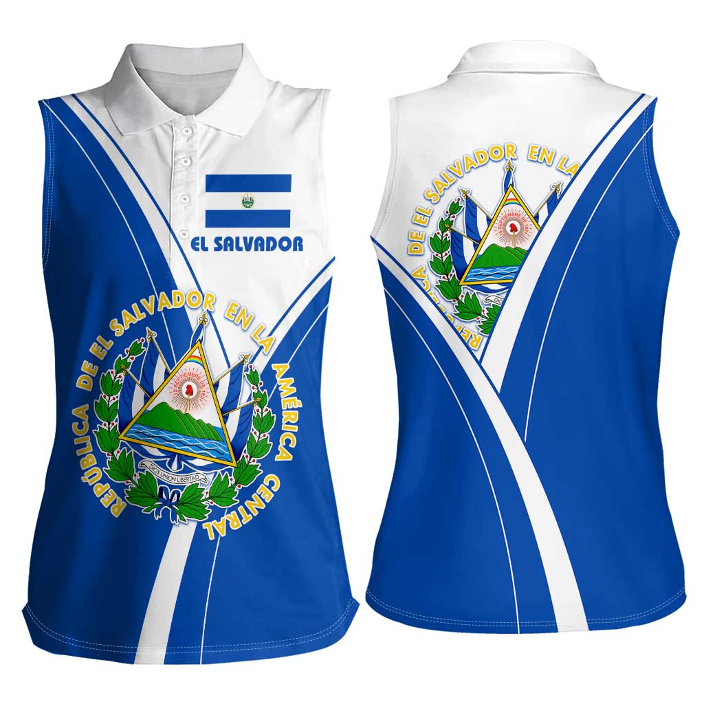 El Salvador National Flag Women Sleeveless Polo Shirt with Coat of Arms and Blue White Stripes Design - Wonder Print Shop