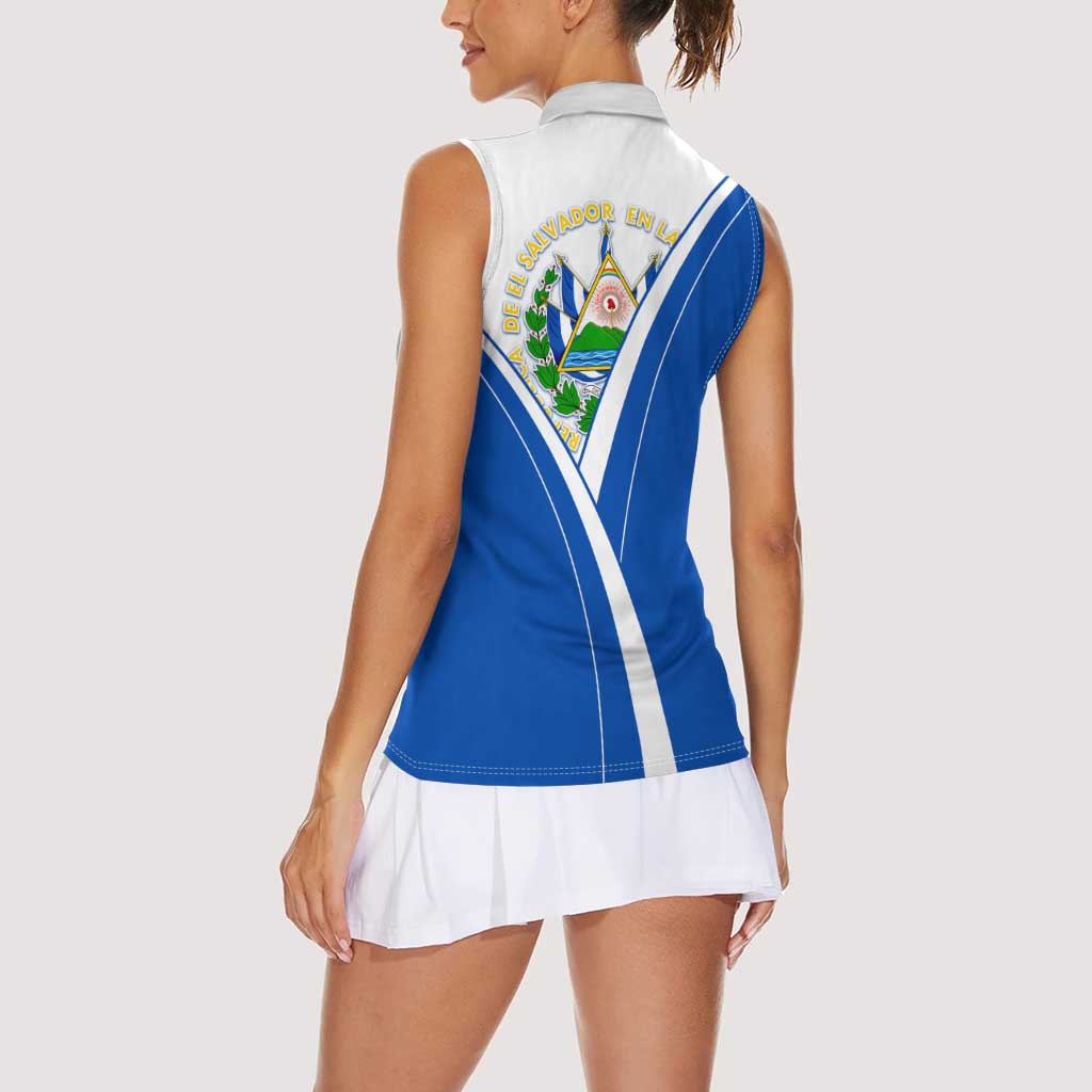 El Salvador National Flag Women Sleeveless Polo Shirt with Coat of Arms and Blue White Stripes Design - Wonder Print Shop