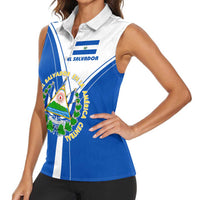 El Salvador National Flag Women Sleeveless Polo Shirt with Coat of Arms and Blue White Stripes Design - Wonder Print Shop