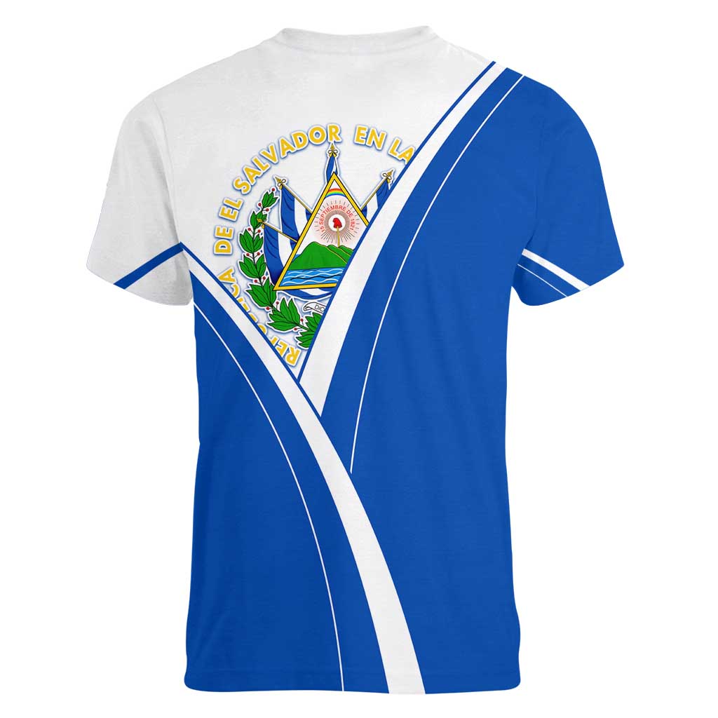 El Salvador National Flag Women V-Neck T-Shirt with Coat of Arms and Blue White Stripes Design - Wonder Print Shop