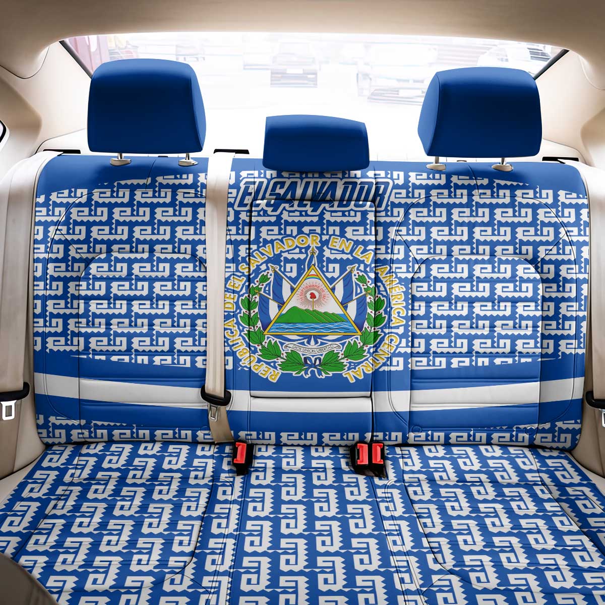 El Salvador Tribal Pattern Back Car Seat Cover with National Coat of Arms and Blue White Theme - Wonder Print Shop