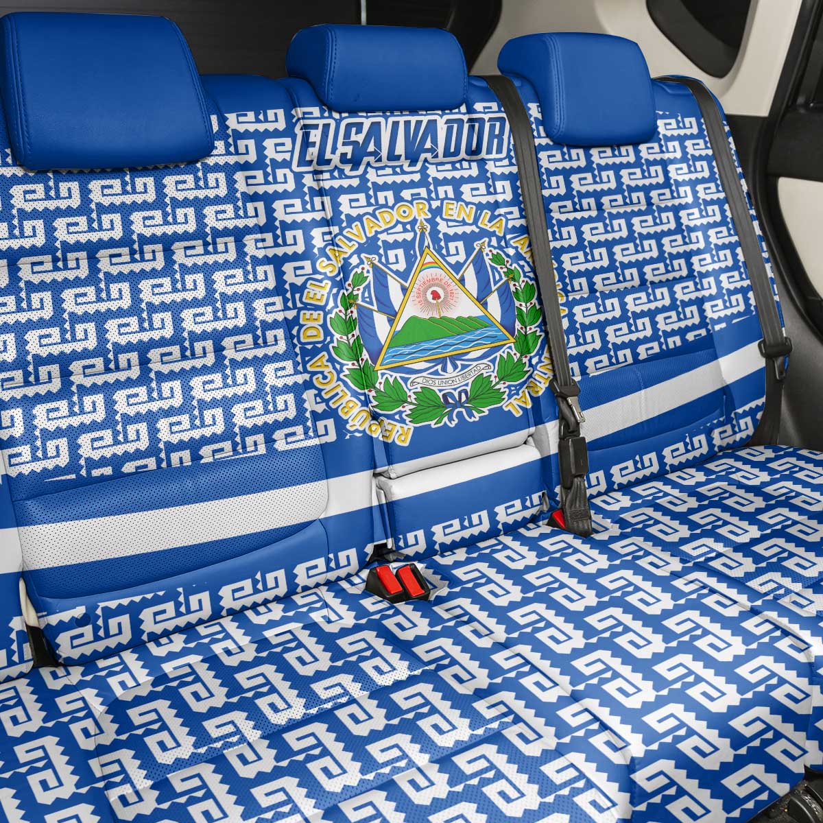 El Salvador Tribal Pattern Back Car Seat Cover with National Coat of Arms and Blue White Theme - Wonder Print Shop