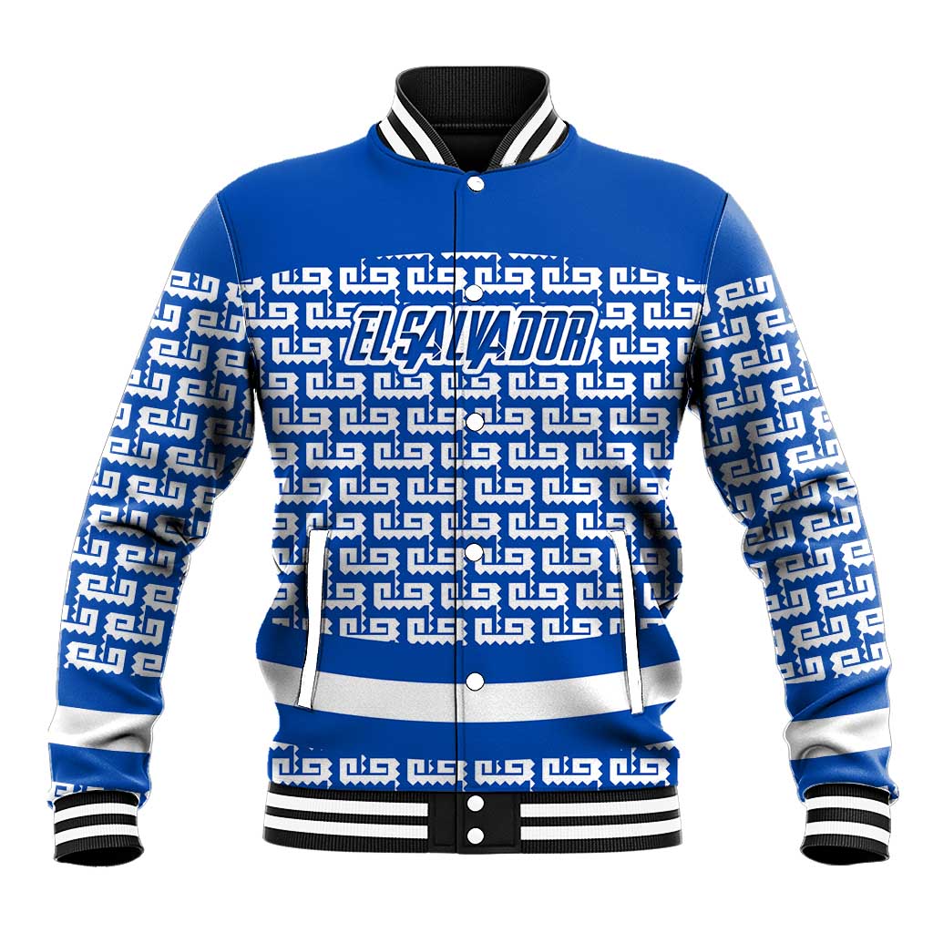 El Salvador Tribal Pattern Baseball Jacket with National Coat of Arms and Blue White Theme - Wonder Print Shop