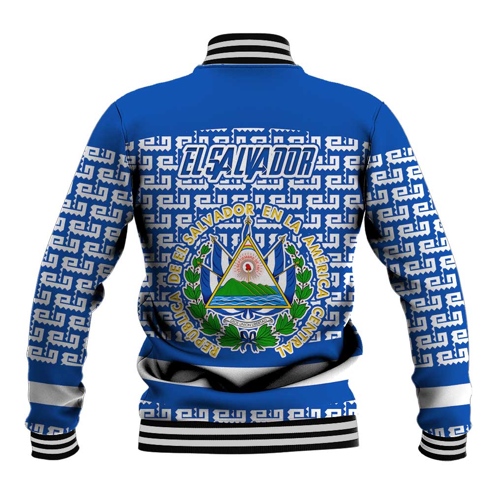 El Salvador Tribal Pattern Baseball Jacket with National Coat of Arms and Blue White Theme - Wonder Print Shop