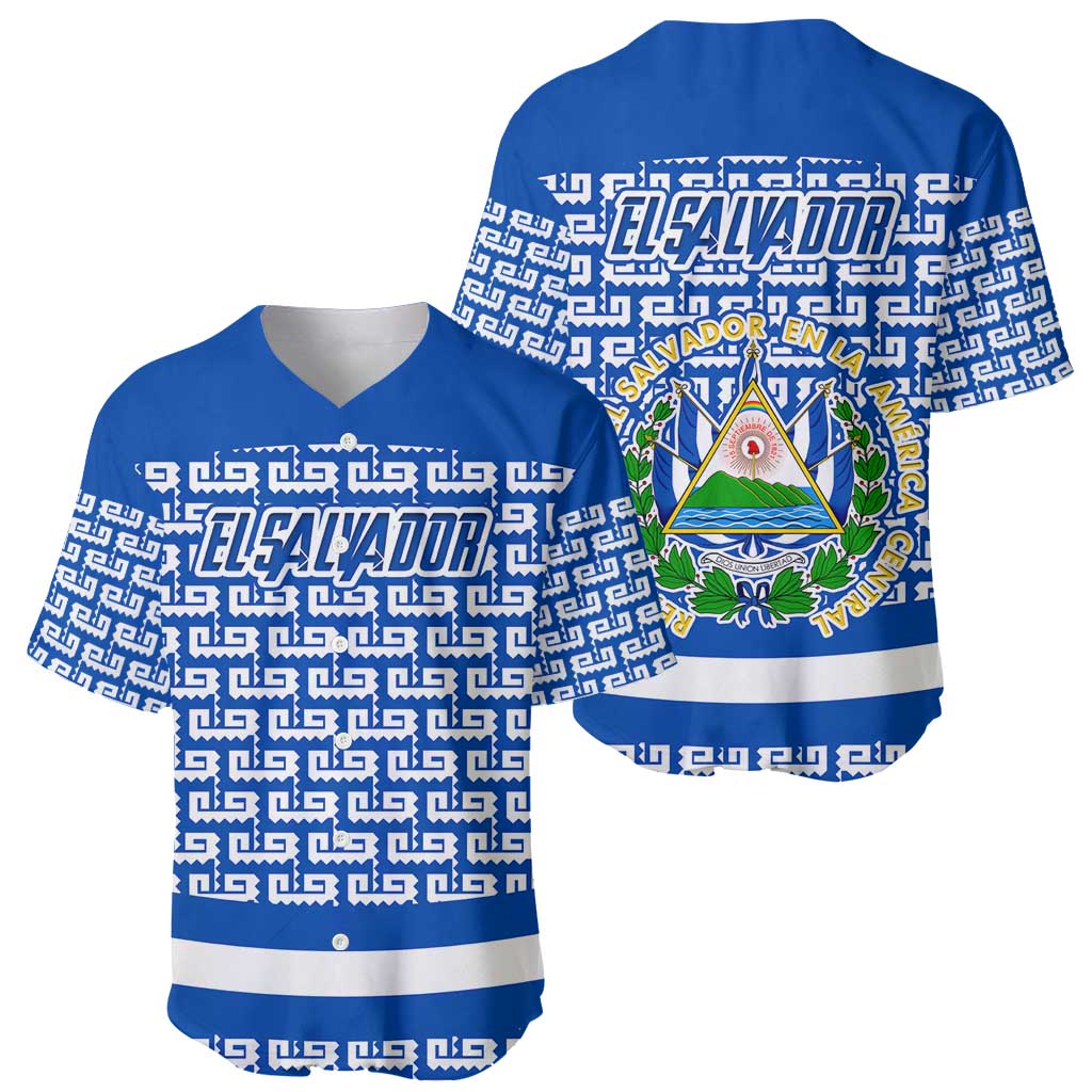 El Salvador Tribal Pattern Baseball Jersey with National Coat of Arms and Blue White Theme - Wonder Print Shop