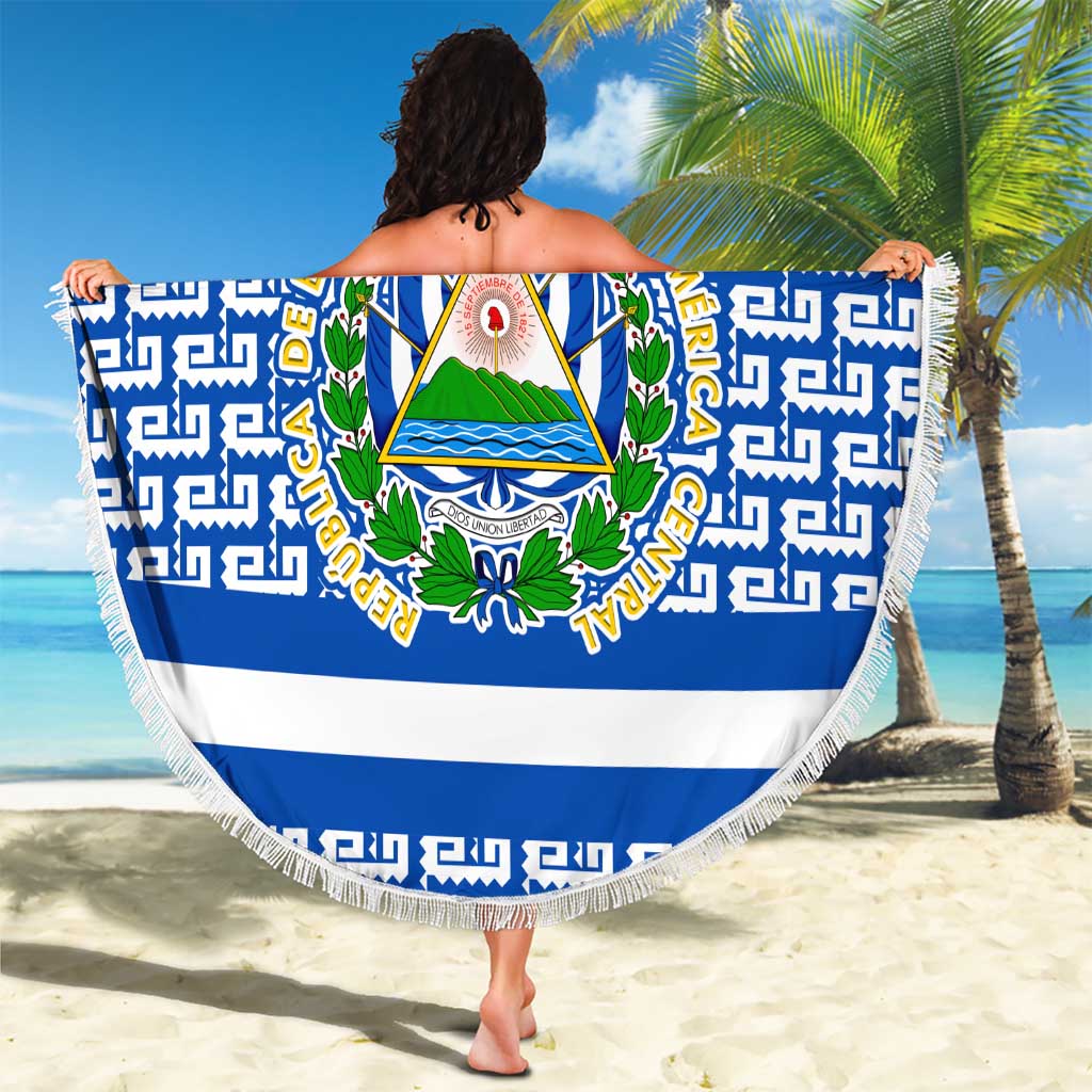 El Salvador Tribal Pattern Beach Blanket with National Coat of Arms and Blue White Theme - Wonder Print Shop