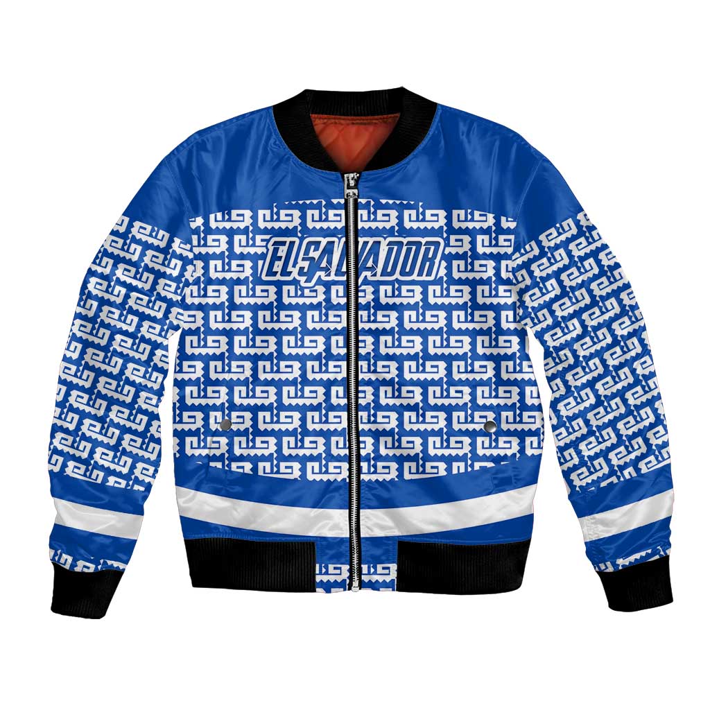 El Salvador Tribal Pattern Bomber Jacket with National Coat of Arms and Blue White Theme - Wonder Print Shop