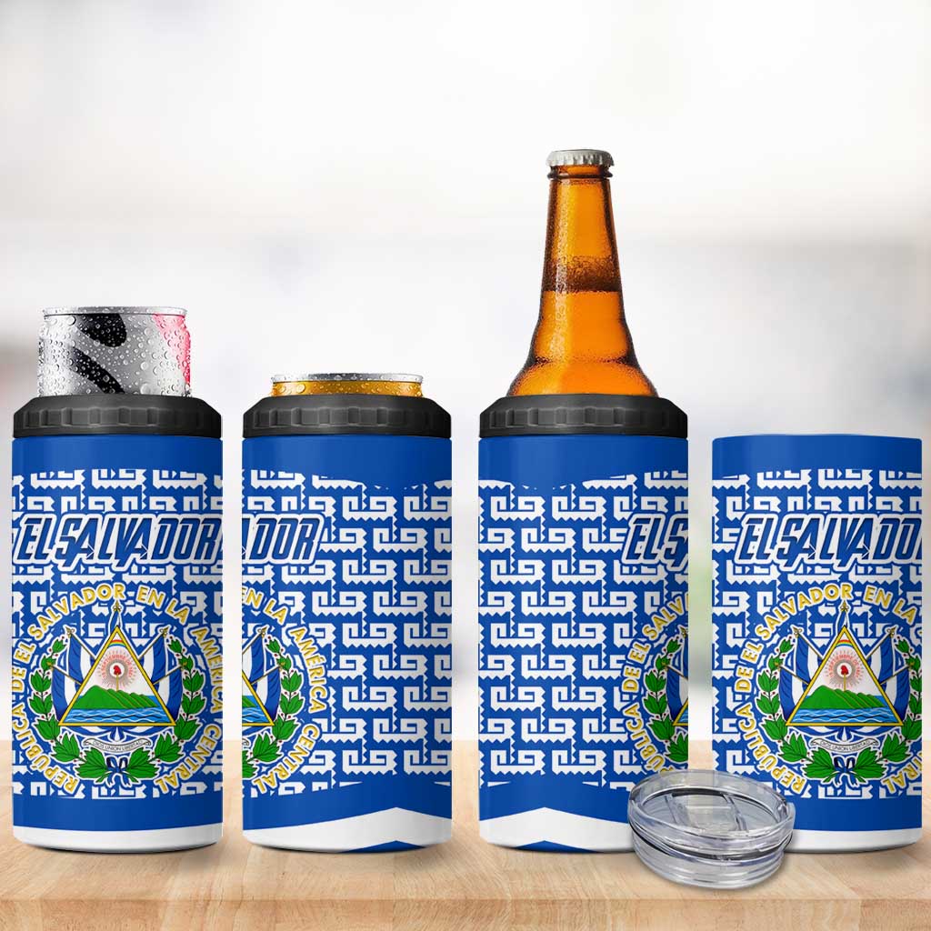 El Salvador Tribal Pattern 4 in 1 Can Cooler Tumbler with National Coat of Arms and Blue White Theme - Wonder Print Shop